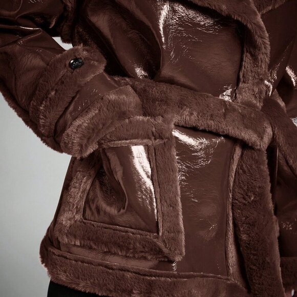 Coffee Brown Casual Women's faux fur detailed Long Sleeve faux Leather Jacket - Picture 7 of 7